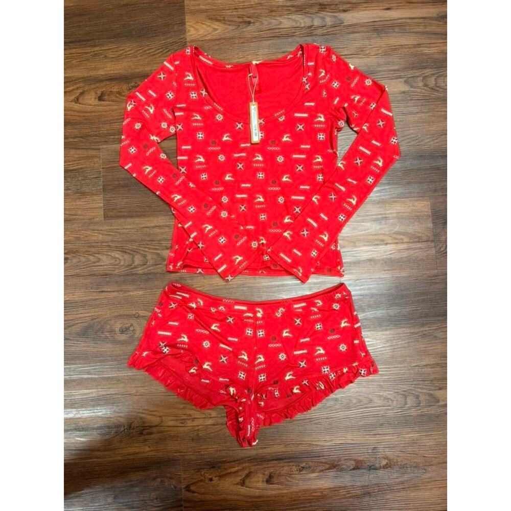 SKIMS SLEEP Scoop Neck Top & Short Sleep Set - Cranberry Vintage Size M #1596